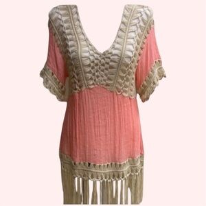 Kori Peach Bohemian Crochet Lace Fringe Top Swim Coverup Dress Gauzy Sz S